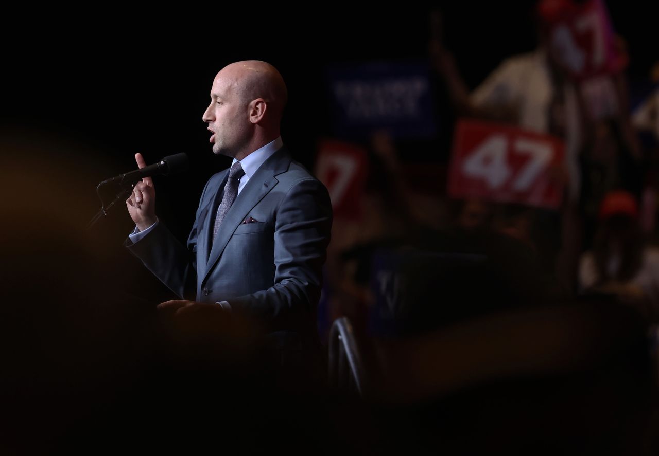 Stephen Miller speaks during a Trump campaign rally at the Grand Sierra Resort on October 11 in Reno, Nevada.