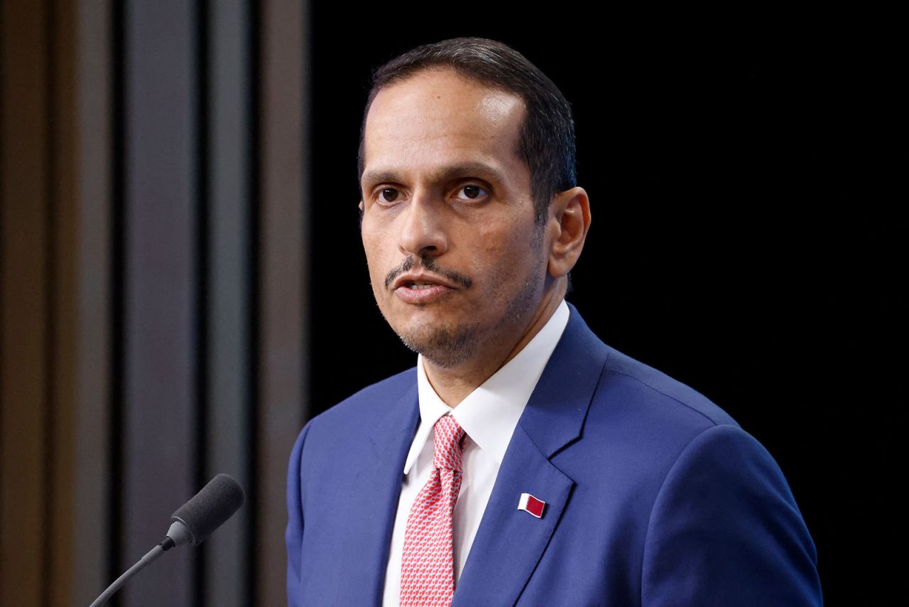 Qatari Prime Minister and Foreign Minister Mohammed bin Abdulrahman Al Thani adresses a press conference in Brussels on Wednesday, October 16.