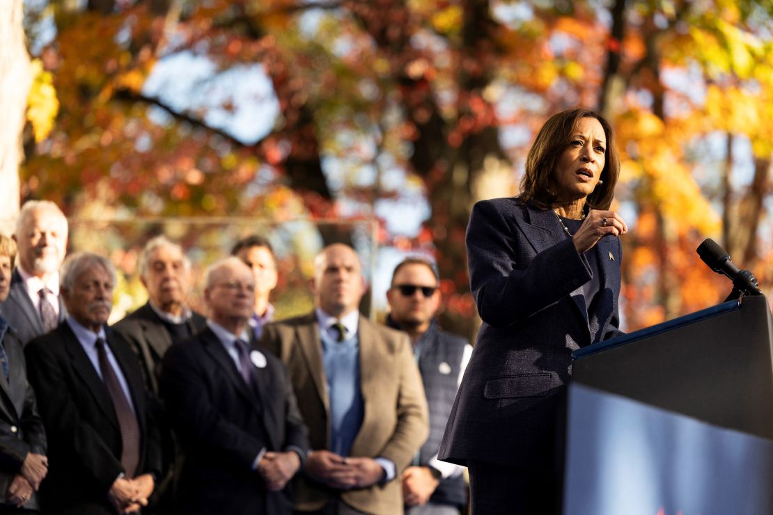 Wakil Presiden Kamala Harris berbicara pada acara kampanye di Washington Crossing Historic Park bersama pendukung Partai Republik di Washington Crossing, Pennsylvania, 16 Oktober 2024.