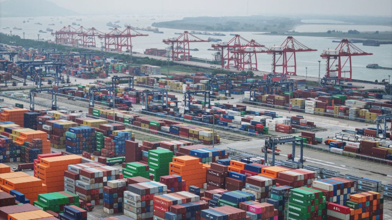 Shipping containers are seen at Nanjing port in Nanjing, in eastern China's Jiangsu province on October 17, 2024. (Photo by STRINGER / AFP) / China OUT (Photo by STRINGER/AFP via Getty Images)