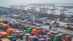 Shipping containers are seen at Nanjing port in Nanjing, in eastern China's Jiangsu province on October 17, 2024. (Photo by STRINGER / AFP) / China OUT (Photo by STRINGER/AFP via Getty Images)