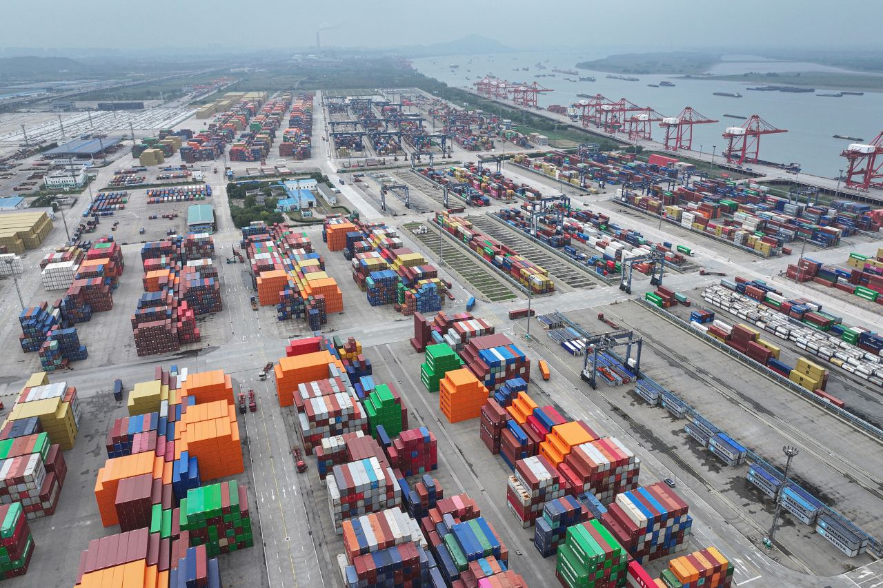 Shipping containers are seen at Nanjing port in Nanjing, in eastern China's Jiangsu province on October 17, 2024.