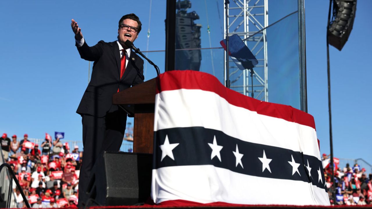 COACHELLA, CALIFORNIA - OCTOBER 12: U.S. Rep. Matt Gaetz (R-FL) speaks at a campaign rally for Republican presidential nominee, former U.S. President Donald Trump on October 12, 2024 in Coachella, California. With 24 days to go until election day, former President Donald Trump is detouring from swing states to hold the rally in Democratic presidential nominee, Vice President Kamala Harris' home state. (Photo by Mario Tama/Getty Images)