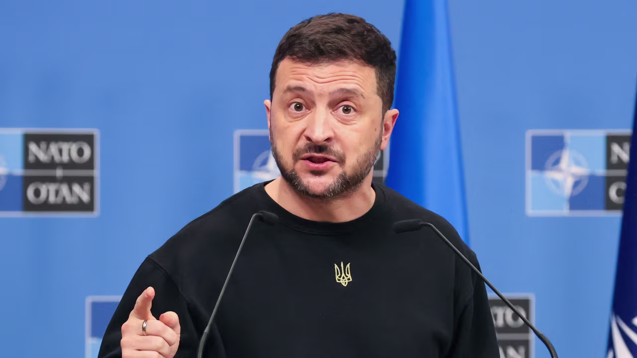Ukraine's President Volodymyr Zelensky addresses media during a press conference at the NATO headquarters in Brussels, on October 17.