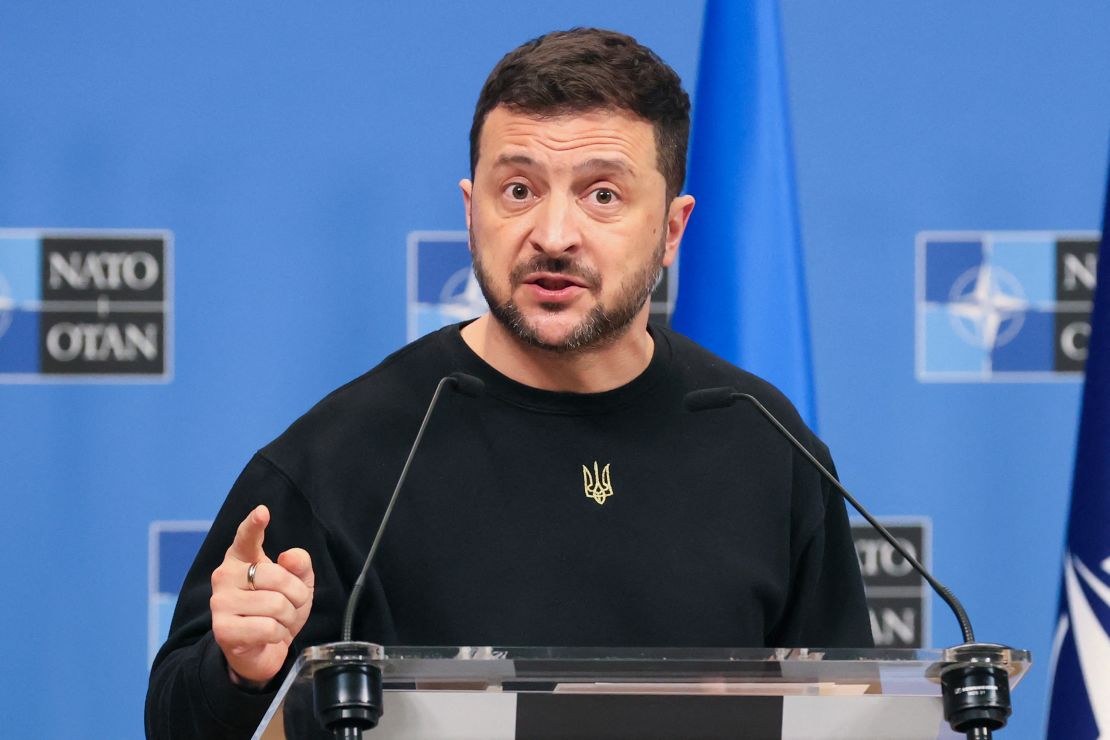 Ukrainian President Volodymyr Zelensky during a press conference at NATO headquarters in Brussels, October 17, 2024.