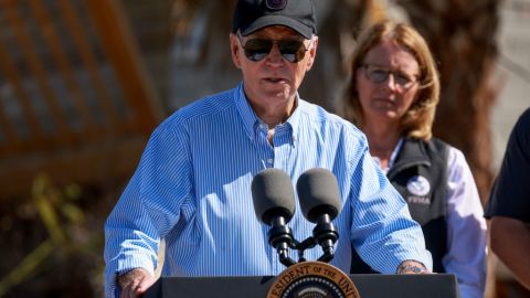 ST PETE BEACH, FLORIDA - OCTOBER 13: U.S. President Joe Biden speaks to the media after a tour of the damage caused by Hurricane Milton on October 13, 2024 in St Pete Beach, Florida. Biden visited the area as it deals with back-to-back hurricanes that have caused extensive damage. (Photo by Joe Raedle/Getty Images)