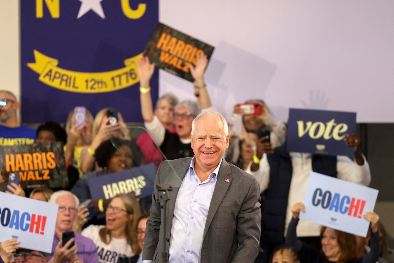 Democratic vice presidential nominee Tim Walz attends a rally in Durham, North Carolina, on October 17.