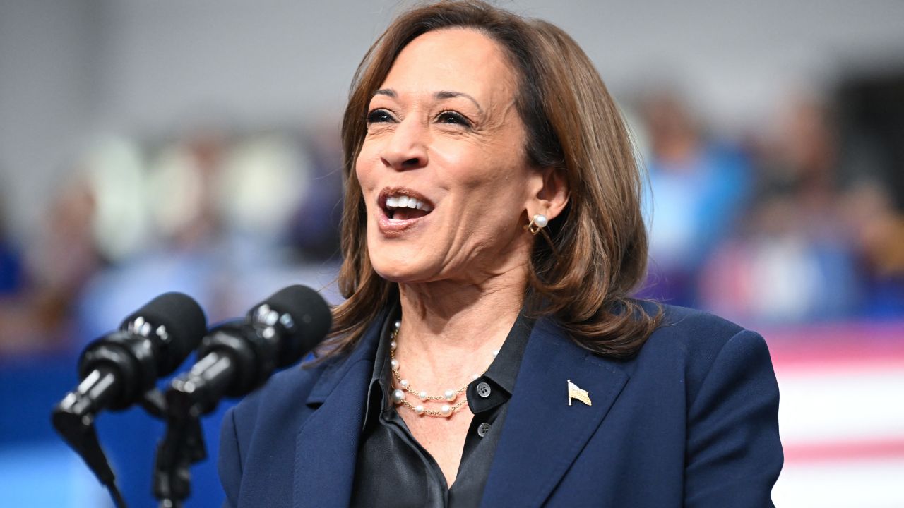 US Vice President Democratic presidential nominee Kamala Harris speaks at University Wisconsin-La Crosse during a campaign event in La Crosse, Wisconsin, on October 17, 2024. (Photo by Craig Lassig / AFP) (Photo by CRAIG LASSIG/AFP via Getty Images)