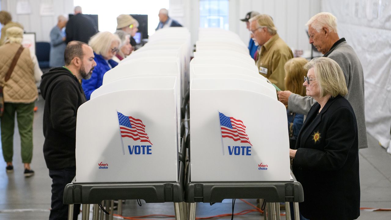 Voters make selections at their voting booths inside an early voting site on October 17, in Hendersonville, North Carolina.