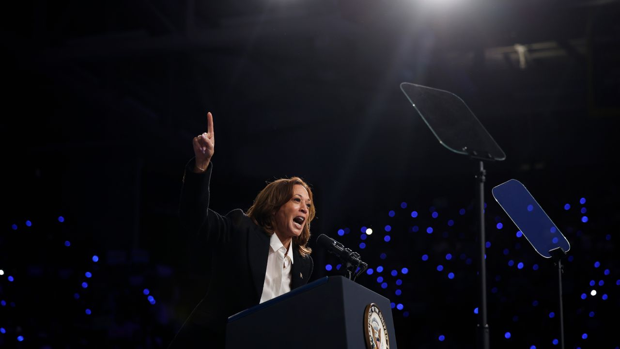 GREENVILLE, NORTH CAROLINA - OCTOBER 13: Democratic presidential candidate, Vice President Kamala Harris speaks during a campaign rally at the Williams Arena at Minges Coliseum on the campus of East Carolina University October 13, 2024 in Greenville, North Carolina. With 22 days until the election, recent polls in North Carolina show Harris and her opponent Republican presidential candidate, former President Donald Trump within just a point or two on average, which is also the case in the other six key battleground states. (Photo by Chip Somodevilla/Getty Images)