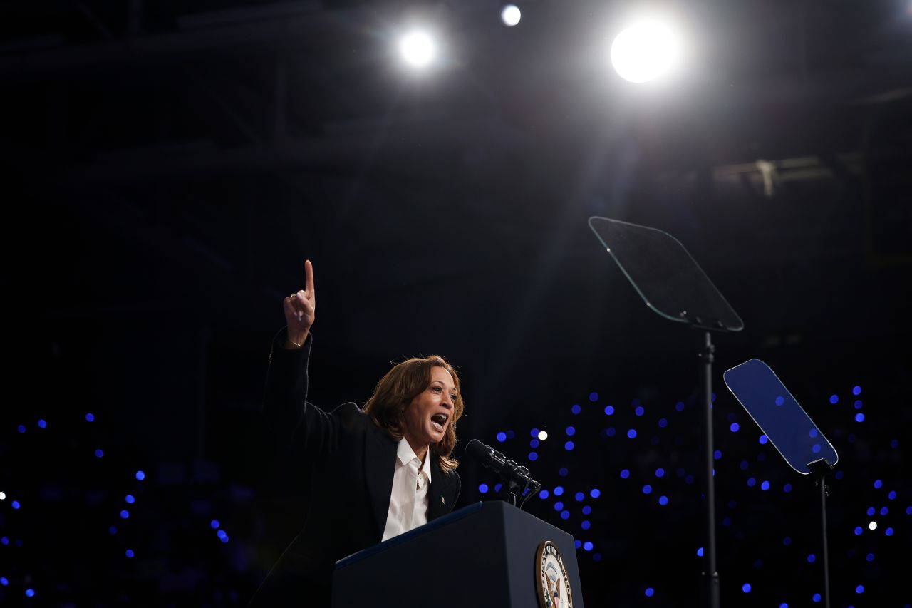 Vice President Kamala Harris speaks during a campaign rally on the campus of East Carolina University, in Greenville, North Carolina, on October 13.