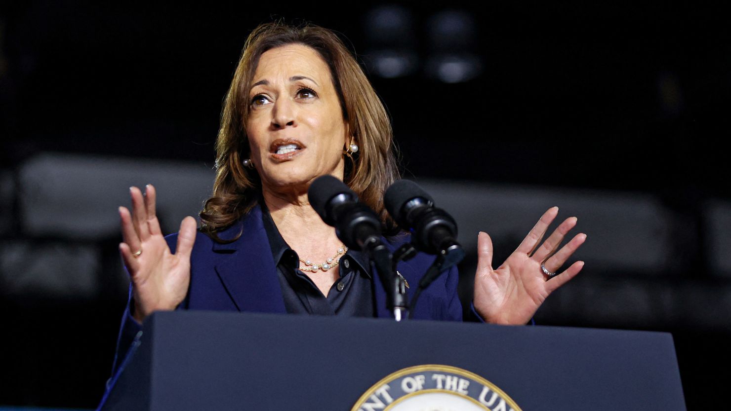 Vice President Kamala Harris speaks during a campaign event in Green Bay, Wisconsin, on October 17, 2024.