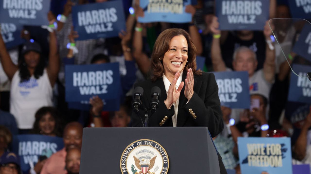 GREENVILLE, NORTH CAROLINA - OCTOBER 13: Democratic presidential nominee, Vice President Kamala Harris speaks during a campaign rally at Williams Arena at Minges Coliseum on the campus of East Carolina University on October 13, 2024 in Greenville, North Carolina. With 22 days to go before the election, recent polls in North Carolina show Harris and her rival Republican presidential candidate, former President Donald Trump, on average within just one or two points of each other in the other six key battleground states. This is also the case. (Photo by Alex Wong/Getty Images)