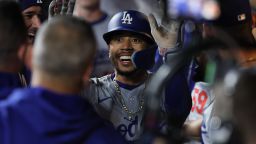 NEW YORK, NEW YORK - OCTOBER 17: Mookie Betts #50 of the Los Angeles Dodgers celebrates after a two-run home run during the sixth inning in game four of the National League Championship Series against the New York Mets at Citi Field on Thursday, Oct. 17, 2024 in New York. (Robert Gauthier / Los Angeles Times via Getty Images)