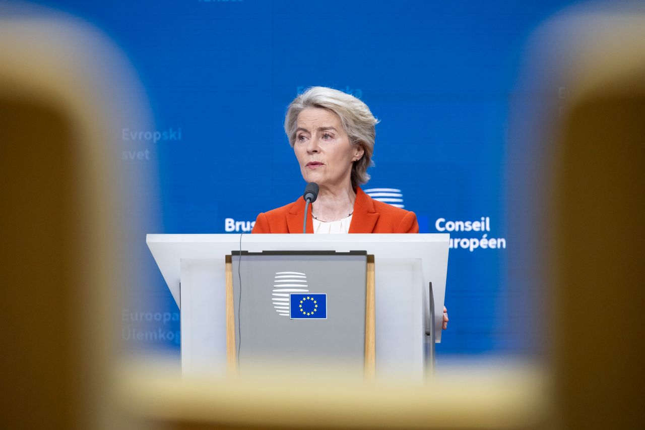 President of the European Commission Ursula von der Leyen speaks at a joint press conference at the headquarters of the European Union in Brussels, Belgium, on October 17, 2024.