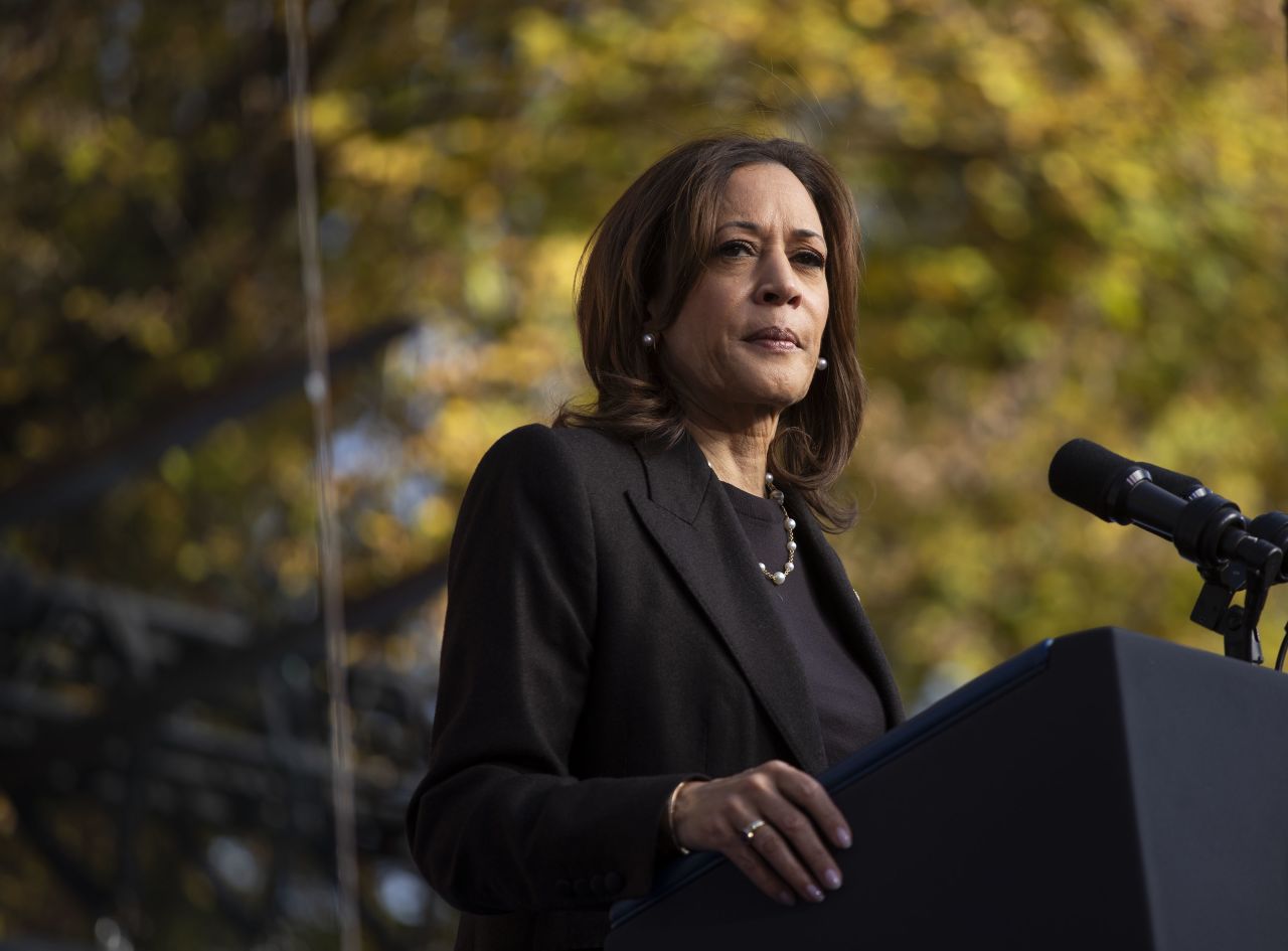 Kamala Harris speaks at a campaign event in Grand Rapids, Michigan, on October 18.