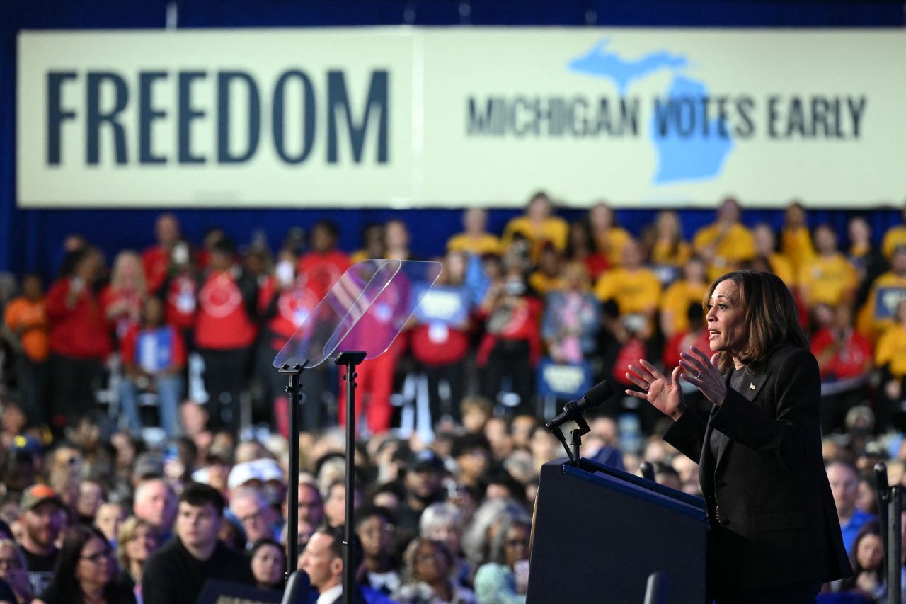 US Vice President and Democratic presidential candidate Kamala Harris speaks during a campaign event in Waterford Township, Michigan, on October 18.