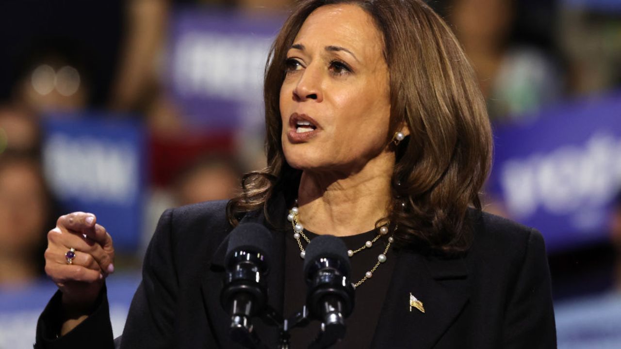 ERIE, PENNSYLVANIA - OCTOBER 14: Democratic presidential nominee, Vice President Kamala Harris speaks during a campaign rally at Erie Insurance Arena on October 14, 2024 in Erie, Pennsylvania. U.S. Sen. John Fetterman (D-PA) was scheduled to attend the evening event with Harris, who is stumping in this bellwether county of a battleground state in which a recent New York Times/Siena College poll shows her leading, but within the margin of error. (Photo by Michael M. Santiago/Getty Images)