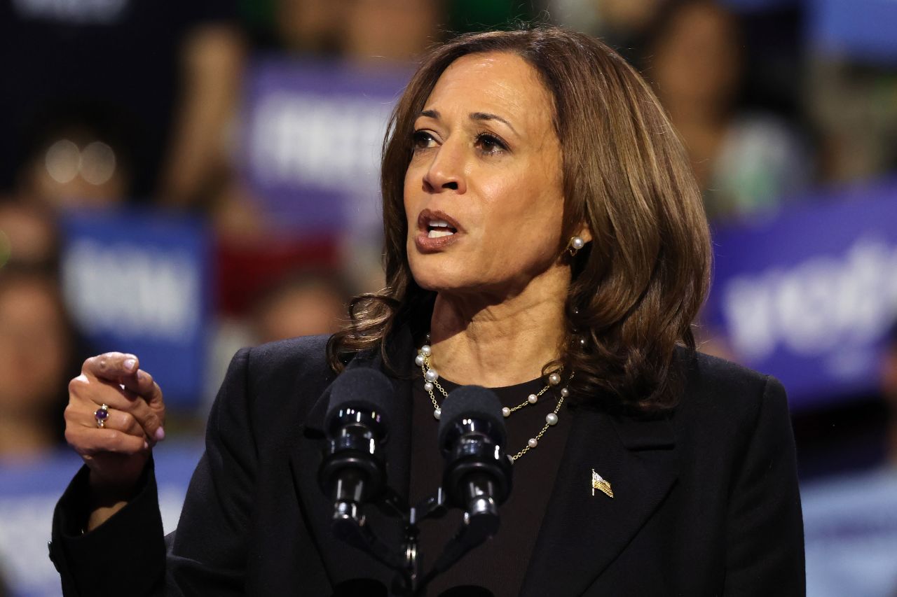 Vice President Kamala Harris speaks during a campaign rally in Erie, Pennsylvania, on Monday.