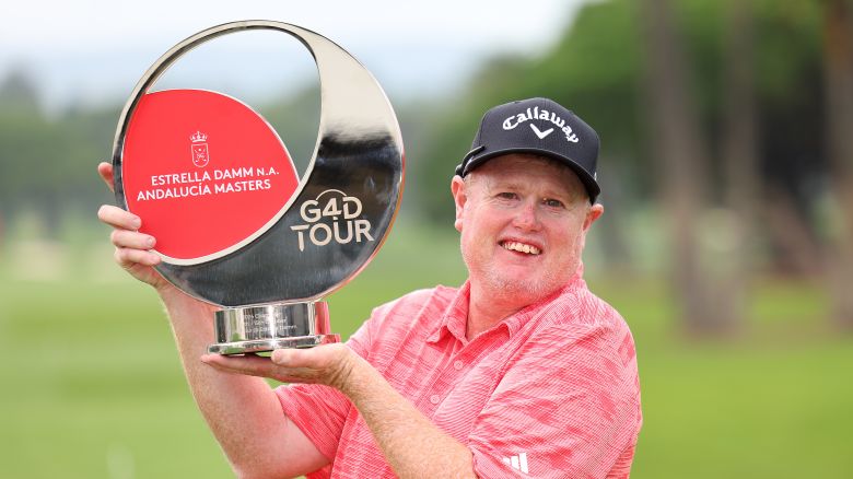 SOTOGRANDE, SPAIN - OCTOBER 15: Steven Alderson of Australia poses with the trophy after winning the G4D Tour @ Estrella Damm N.A. Andalucía Masters at the Real Club de Golf Sotogrande on October 15, 2024 in Sotogrande, Spain. (Photo by Andrew Redington/Getty Images)