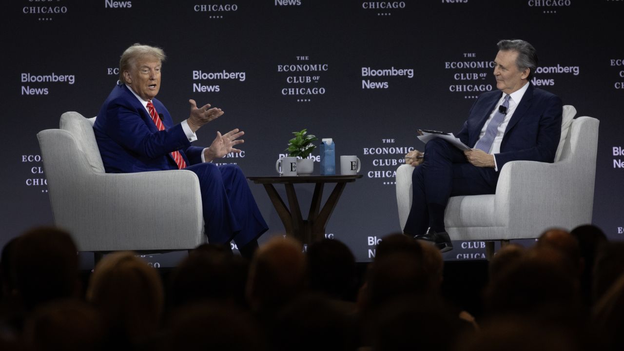 CHICAGO, ILLINOIS - OCTOBER 15: Republican presidential nominee former President Donald Trump
Is interviewed by Bloomberg News Editor-in-Chief John Micklethwait during a luncheon hosted by the Economic Club of Chicago on October 15, 2024 in Chicago, Illinois. Recent polls have Trump virtually tied with Democratic presidential nominee Vice President Kamala Harris as the race heads into the final stretch. (Photo by Scott Olson/Getty Images)