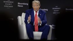 CHICAGO, ILLINOIS - OCTOBER 15: Republican presidential nominee former President Donald Trump
Is interviewed by Bloomberg News Editor-in-Chief John Micklethwait during a luncheon hosted by the Economic Club of Chicago on October 15, 2024 in Chicago, Illinois. Recent polls have Trump virtually tied with Democratic presidential nominee Vice President Kamala Harris as the race heads into the final stretch. (Photo by Scott Olson/Getty Images)