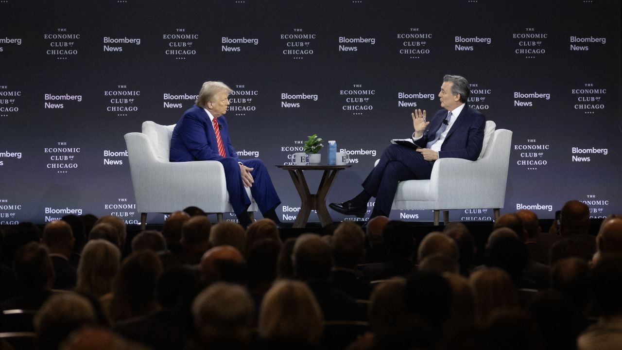 CHICAGO, ILLINOIS - OCTOBER 15: Republican presidential nominee former President Donald Trump Is interviewed by Bloomberg News Editor-in-Chief John Micklethwait during a luncheon hosted by the Economic Club of Chicago on October 15, 2024 in Chicago, Illinois. Recent polls have Trump virtually tied with Democratic presidential nominee Vice President Kamala Harris as the race heads into the final stretch. (Photo by Scott Olson/Getty Images)