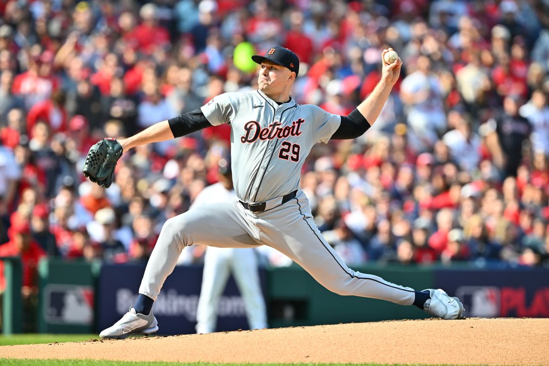 CLEVELAND, OHIO - OCTOBER 12: Tarik Skubal #29 of the Detroit Tigers throws a pitch during the first inning against the Cleveland Guardians during Game Five of the Division Series at Progressive Field on October 12, 2024 in Cleveland, Ohio. (Photo by Jason Miller/Getty Images)