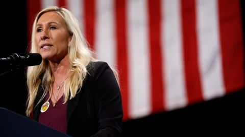 U.S. Rep. Marjorie Taylor Greene (R-GA) speaks before Republican presidential nominee, former U.S. President Donald Trump during a campaign rally at the Cobb Energy Performing Arts Centre on October 15, 2024 in Atlanta, Georgia. With early voting starting today in Georgia both Trump and Democratic presidential nominee, Vice President Kamala Harris are campaigning in the Atlanta region this week as polls show a tight race.