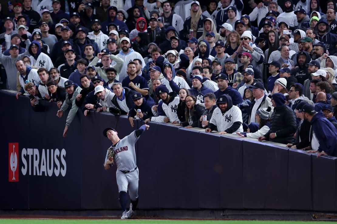 Cleveland Guardians outfielder Will Brennan throws to second base in the first inning against the New York Yankees in Game 2 of the ALCS in New York, on October 15.