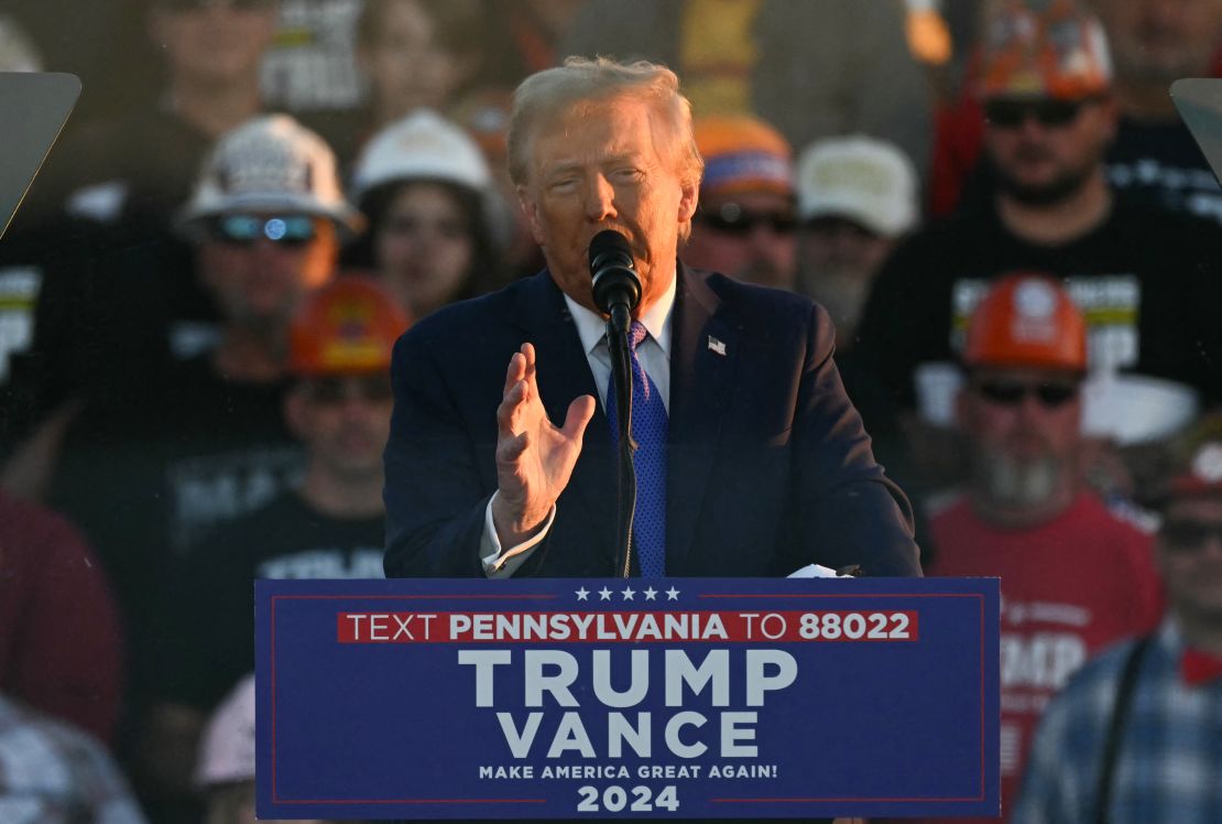 Former President Donald Trump speaks at a campaign rally in Latrobe, Pennsylvania, on October 19, 2024.