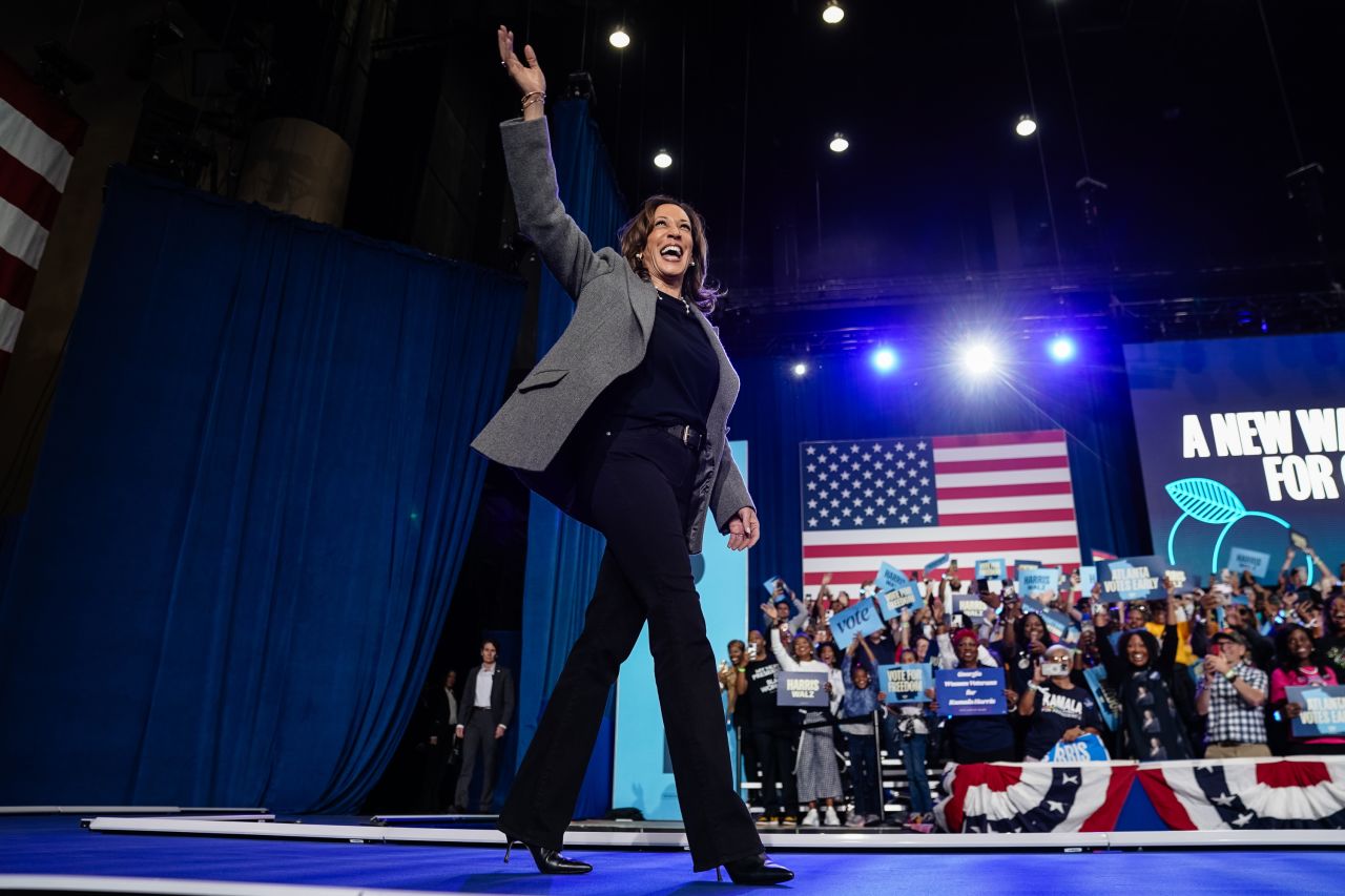 Vice President Kamala Harris waves to the crowd before speaking at a campaign rally in Atlanta on Saturday.