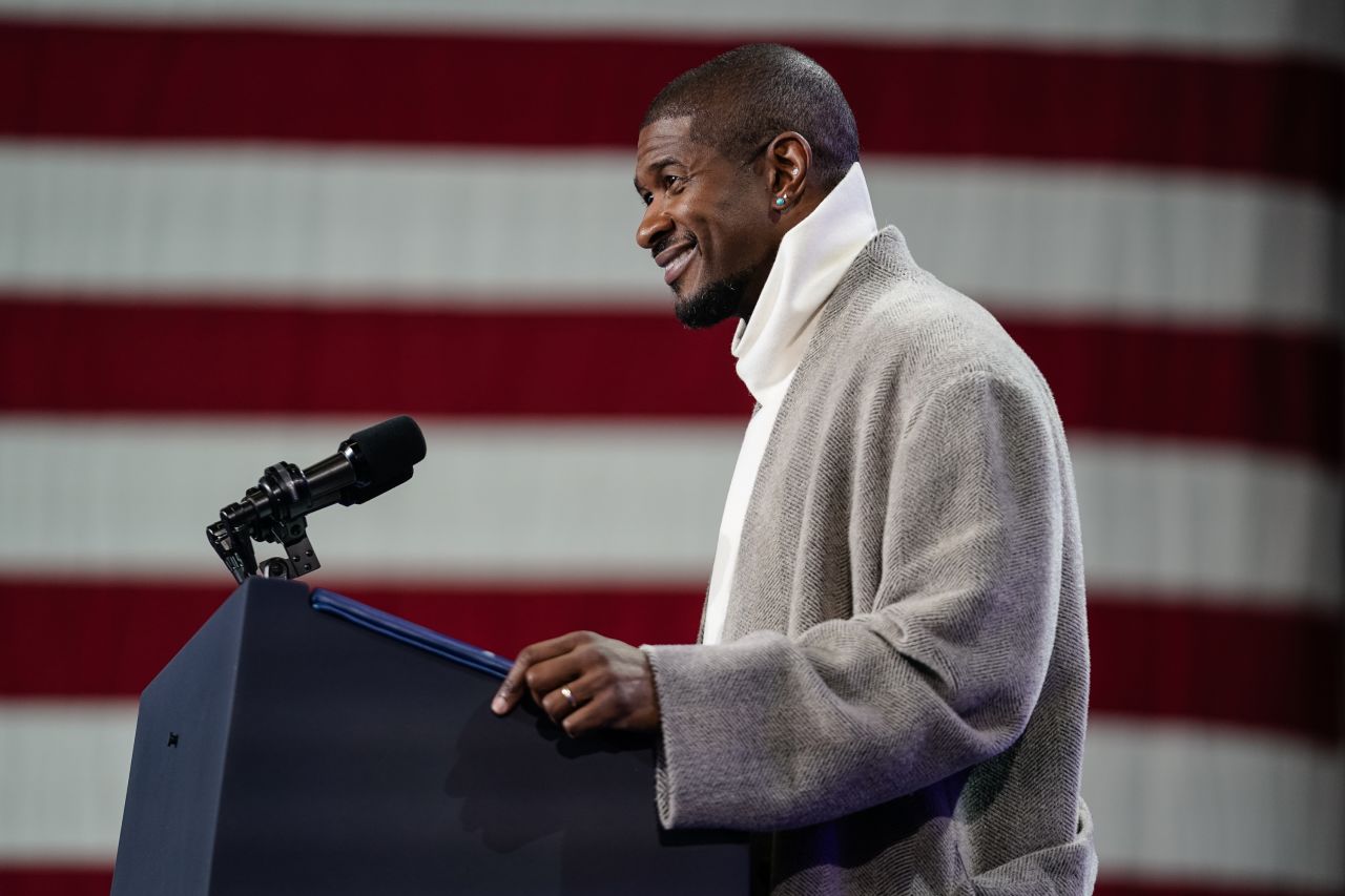 Usher speaks at a rally for Vice President Kamala Harris on October 19 in Atlanta.