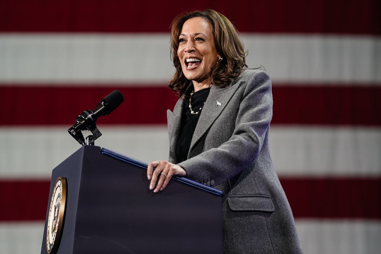 Vice President Kamala Harris speaks at a campaign rally encouraging early voting on October 19 in Atlanta.