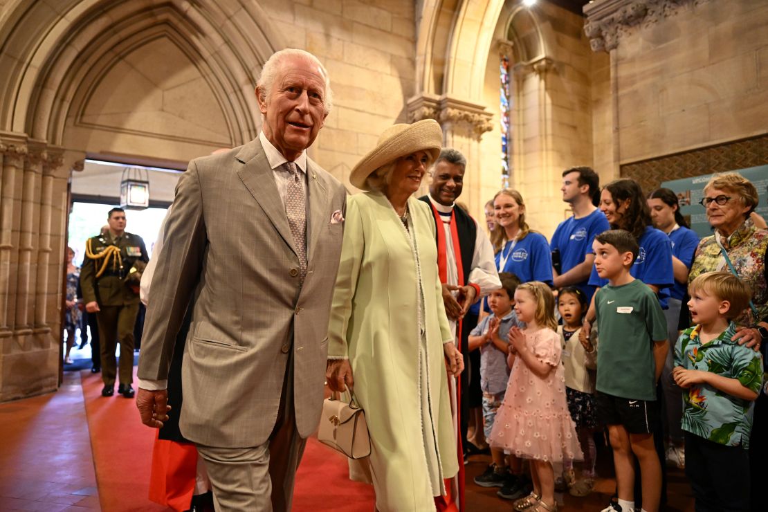 King Charles III, Queen Camilla and Anglican Archbishop of Sydney Reverend Kanishka Raffel attend a church service at St. Thomas's Anglican Church on October 20, 2024 in Sydney, Australia.