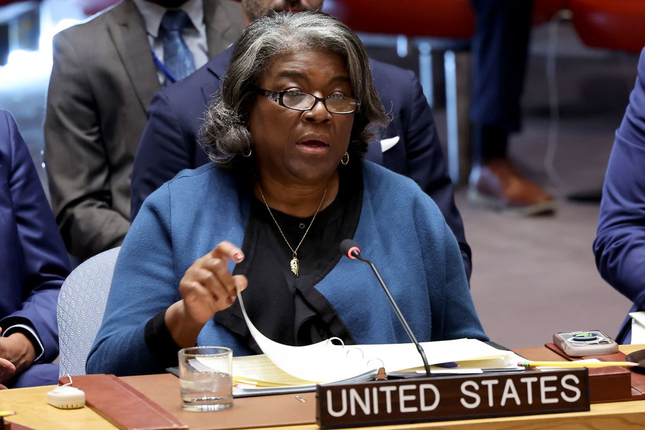 Ambassador Linda Thomas-Greenfield, Representative of the United States to the UN, speaks during a United Nations Security Council meeting on the situation in the Middle East, on Wednesday, October 16.