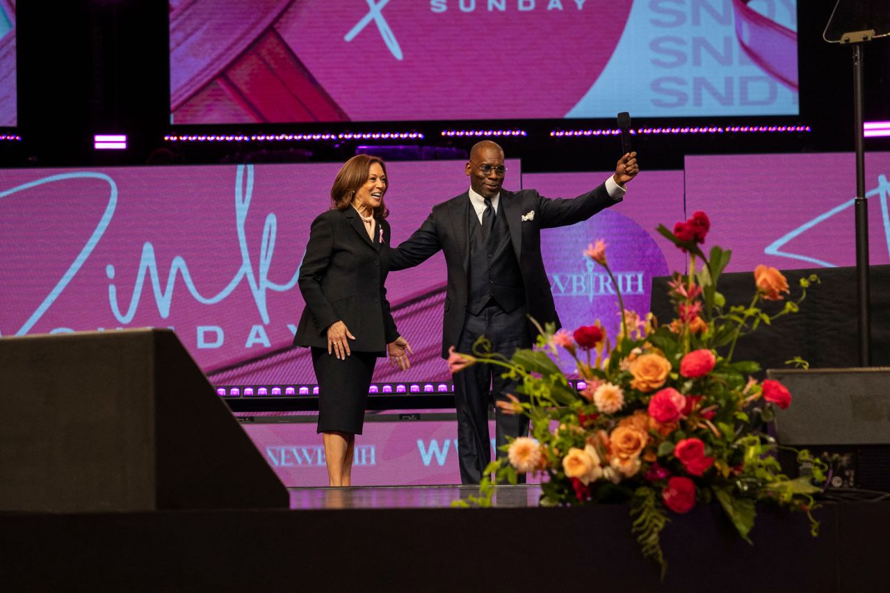 Pastor Jamal Bryant introduces US Vice President and Democratic presidential candidate Kamala Harris during a church service at New Birth Missionary Baptist Church in Stonecrest, Georgia, on October 20.