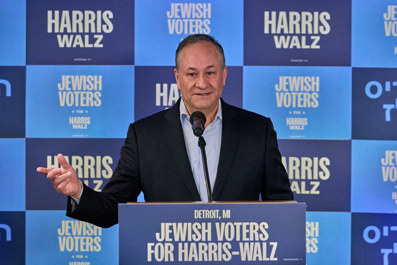 Second Gentleman Doug Emhoff speaks to Jewish voters during a rally for Vice President Kamala Harris in Southfield, Michigan, on Sunday, October 20.