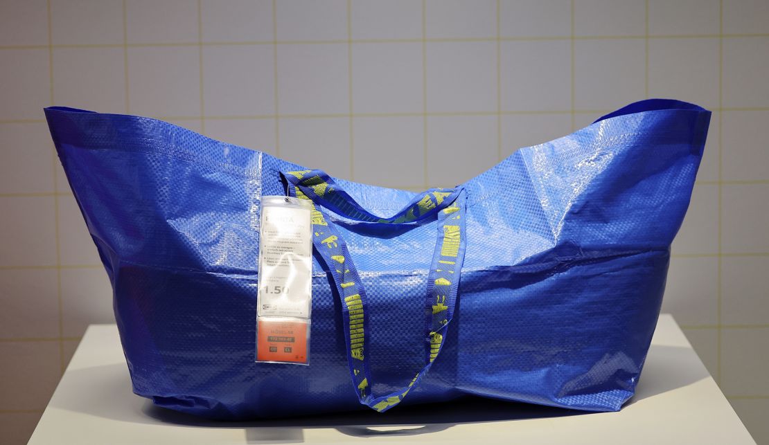 Ikea's Frakta bag displayed in Munich during a celebration of the brand's 50th anniversary in Germany on October 17, 2024.