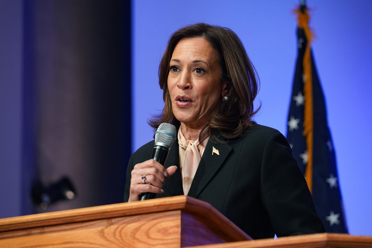 Vice President Kamala Harris speaks at a campaign event at Divine Faith Ministries International on October 20, in Jonesboro, Georgia.