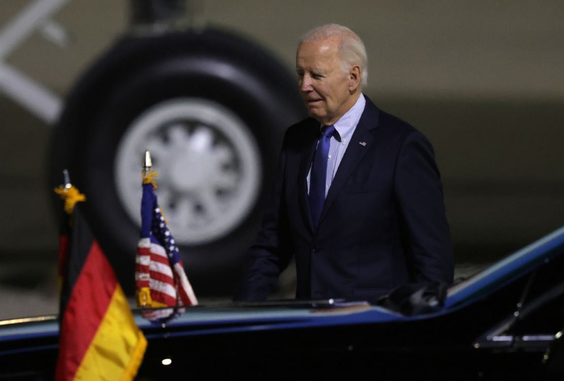 President Joe Biden arrives at Berlin-Brandenburg International Airport on October 17, 2024, in Schoenefeld, Germany.