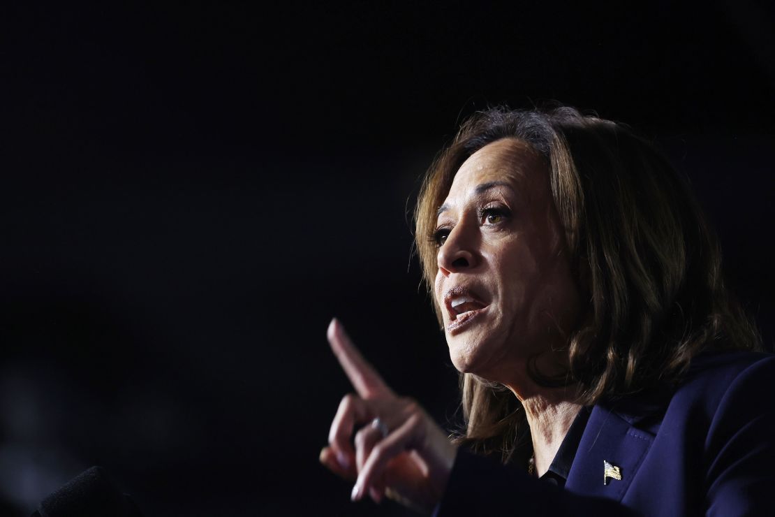 Vice President Kamala Harris speaks a a rally at Resch Expo on October 17, 2024 in Green Bay, Wisconsin.