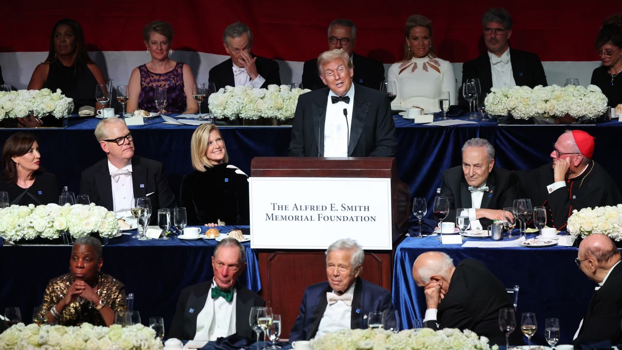 NEW YORK, NEW YORK - OCTOBER 17: Republican presidential nominee, former U.S. President Donald Trump speaks during the annual Alfred E. Smith Foundation Dinner at the New York Hilton Midtown on October 17, 2024 in New York City. Trump was the featured speaker with comedian Jim Gaffigan as the Master of Ceremonies at the the 79th Annual Alfred E. Smith Memorial Foundation Dinner. The dinner, a white-tie charity event that benefits Catholic charities, is known for political figures poking fun at one another. The foundation honors the late Alfred E. Smith, former governor of New York and America's first Catholic presidential nominee. (Photo by Michael M. Santiago/Getty Images)