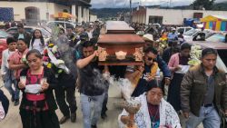 Relatives carry the coffin of late Catholic priest Marcelo Perez during the second day of his wake in San Andres Larrainzar, Chiapas State, Mexico, on October 21, 2024. Priest Marcelo Perez, a well-known human rights defender who denounced violence linked to drug trafficking in Mexico, was shot dead on October 20 in San Cristobal de las Casas. (Photo by Luis Enrique AGUILAR / AFP) (Photo by LUIS ENRIQUE AGUILAR/AFP via Getty Images)