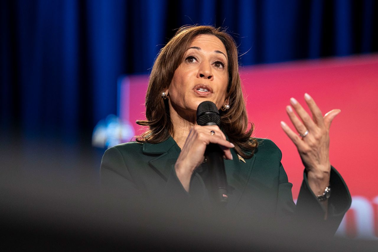 Vice President Kamala Harris speaks at a town hall on October 21 in Royal Oak, Michigan.