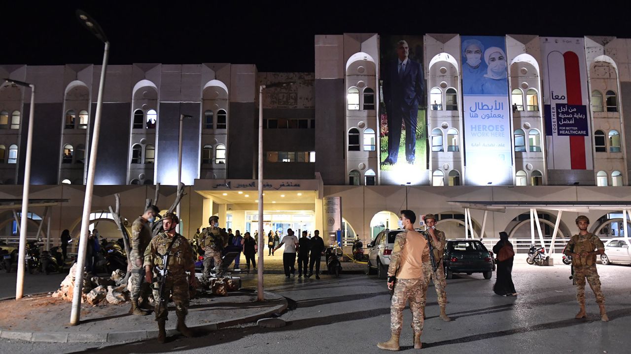 Lebanese forces take security measures around Rafik Hariri University Hospital after an Israeli attack near the area, in Beirut, Lebanon on Tuesday, October 22.