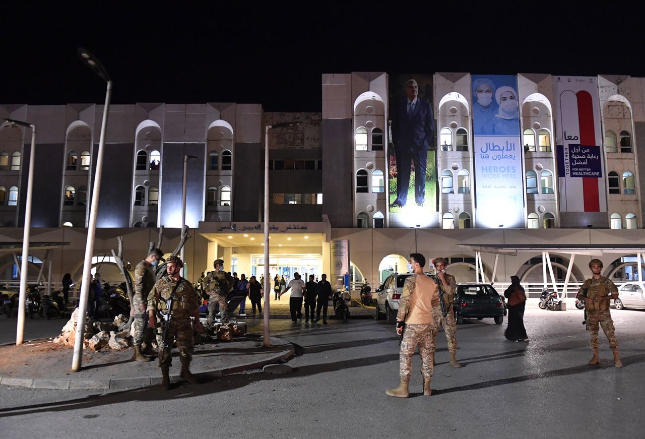 Lebanese forces take security measures around Rafik Hariri University Hospital after an Israeli attack near the area, in Beirut, Lebanon on Tuesday, October 22.