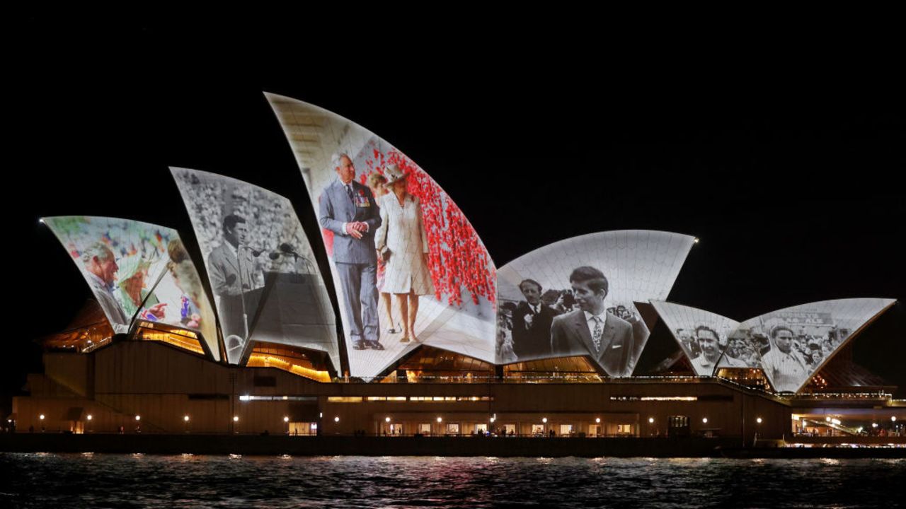 SYDNEY, AUSTRALIA - OCTOBER 18: The Sydney Opera House shells are illuminated with a Royal projection to officially welcome King Charles III and Queen Camilla on October 18, 2024 in Sydney, Australia. The King's visit to Australia will be his first as Monarch, and CHOGM in Samoa will be his first as Head of the Commonwealth. (Photo by Lisa Maree Williams/Getty Images)