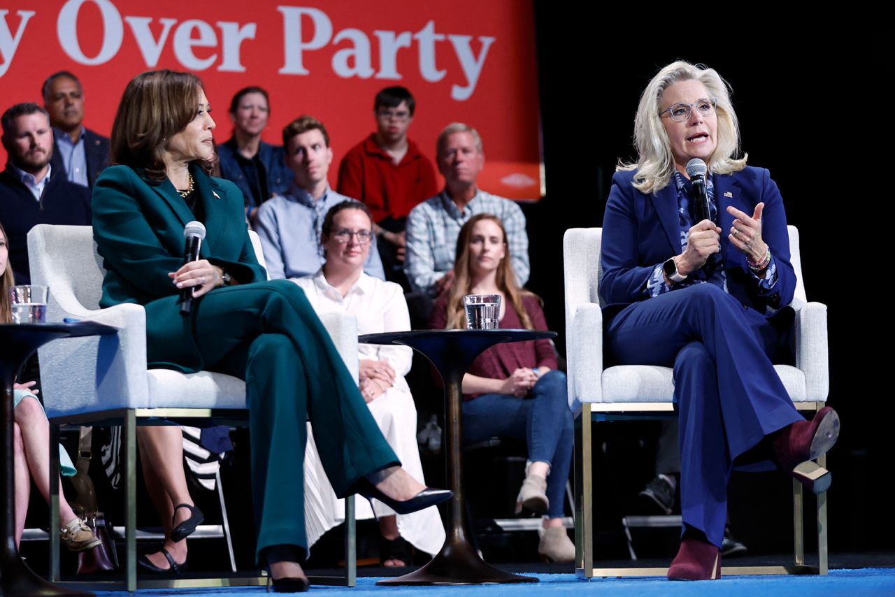 Vice President Kamala Harris listens as Liz Cheney speaks during a moderated conversation at Sharon Lynne Wilson Center for the Arts in Brookfield, Wisconsin, on October 21.