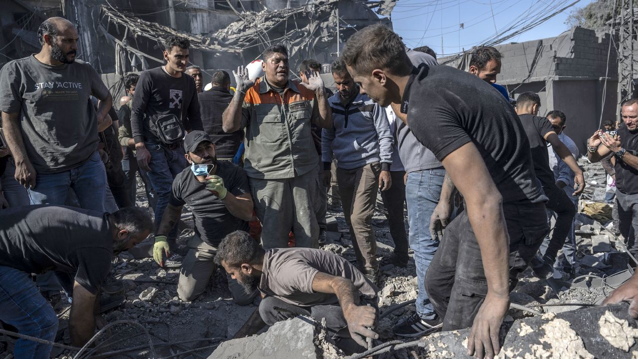 Search and rescue operations continue in the area after an Israeli airstrike during the night around the Rafik Hariri State Hospital in Beirut, Lebanon, on October 22.